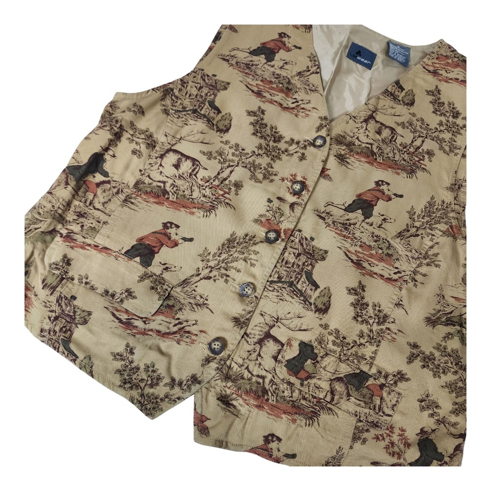 Lizwear Vintage Hunting Toile Vest Tan Rayon Button Front Cinch Back Womens M - Picture 2 of 10